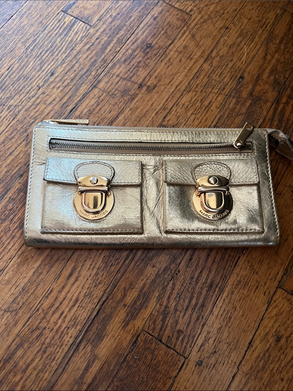 Marc Jacobs Gold Metallic Leather Wristlet with Dual Front Pockets